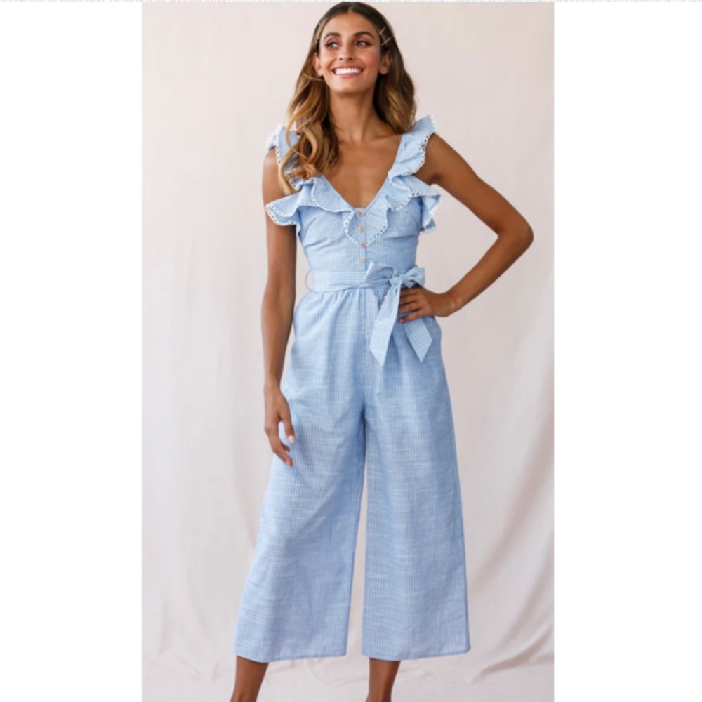 Hello Molly Light Blue Ruffle Strap Wide-Leg Jumpsuit